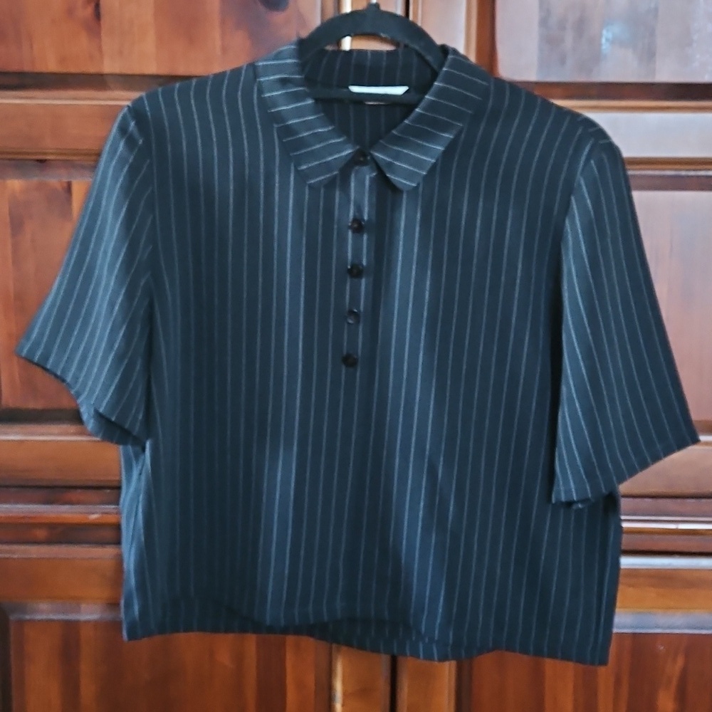 Black Pinstripe Half Button Up Cropped Length Top, Sz 11, Vintage Y2K